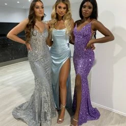 NEW ARRIVALS Honey Couture QUINN Baby Blue Satin Lace Up Formal Dress