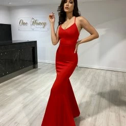 NEW ARRIVALS Honey Couture DESERIEE Red Open Lace Up Back Mermaid Formal Dress