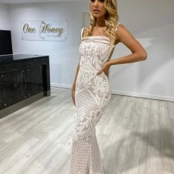 Honey Couture CAITLIN White & Nude Open Lace Up Back Formal Dress NEW ARRIVALS