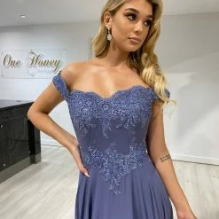 Honey Couture CARMEN Smokey Blue Lace Applique Chiffon Bridesmaid Formal Dress NEW ARRIVALS