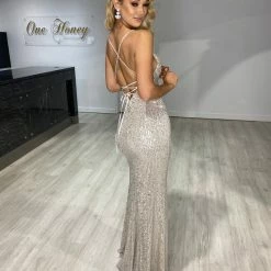 Honey Couture CELESTE Champagne Silver Diamante Strap Sequin Lace Up Formal Dress