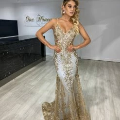 Honey Couture CAROLE Gold Mist Sequin Corset Mermaid Formal Gown Dress NEW ARRIVALS