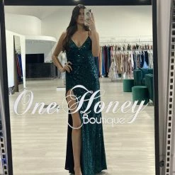 NEW ARRIVALS Honey Couture MARILYN Emerald Green Sequin Corset Lace Up Formal Dress
