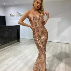 NEW ARRIVALS Honey Couture GWEN Gold Sequin Strapless Formal Dress