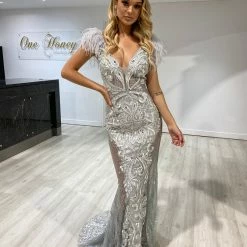 Portia & Scarlett Made To Order Portia & Scarlett FUFU Silver Feather Mesh Couture Beaded Formal Gown NEW ARRIVALS