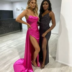 Honey Couture GIGI Fuchsia Hot Pink Corset Sparkle Bustier Strapless Mermaid Formal Gown Dress NEW ARRIVALS