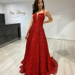 Honey Couture Made To Your Measurements Honey Couture TAHLIA Glitter Fabric Corset Lace Up Back Formal Dress