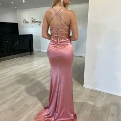 NEW ARRIVALS Honey Couture JALI Rose Pink Lace Back Silky Bum Ruching Formal Dress