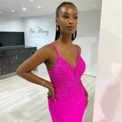 Honey Couture MARISE Fuchsia Hot Pink Diamante Feature Mermaid Formal Dress NEW ARRIVALS