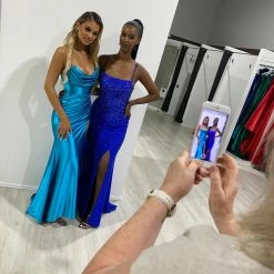 Honey Couture LEONIE Royal Blue Diamante Leg Split Mermaid Formal Dress