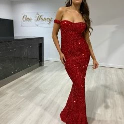 NEW ARRIVALS Honey Couture BLAIR Red Sequin Off Shoulder Formal Gala Dress