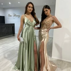 Honey Couture HUNTAR Sage Green Silky A Line Bridesmaid Formal Dress