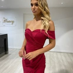 Honey Couture LAILA Burgundy Off Shoulder Silky Formal Dress