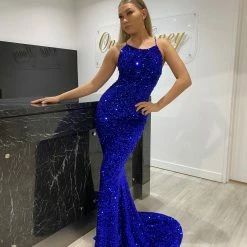 NEW ARRIVALS Honey Couture TAYTUM Electric Blue Sequin Mermaid Evening Gown Dress