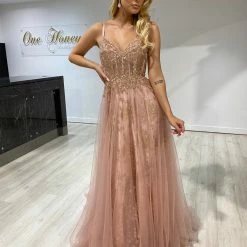 Honey Couture NORA Rose Gold Tulle Glitter Corset Formal Dress NEW ARRIVALS