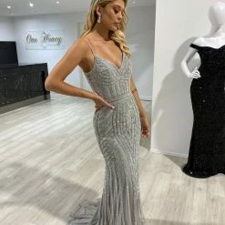 Honey Couture DIAMONDS Grey Sequin Mermaid Formal Gown Dress NEW ARRIVALS