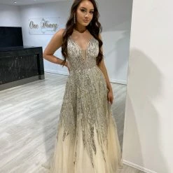 Honey Couture VIANNE Champagne Gold Glitter Tulle Formal Dress