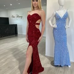 NEW ARRIVALS Honey Couture DENISE Red Sequin Cut Out Strapless Mermaid Evening Dress