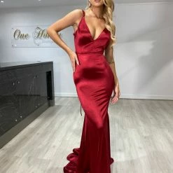 Honey Couture IMOGEN Burgundy Low Back Mermaid Formal Dress