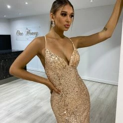 NEW ARRIVALS Honey Couture DEVINA Gold Sequin Corset Lace Up Formal Dress