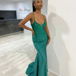 NEW ARRIVALS Honey Couture JULIANA Emerald Green Lace Up Back Diamante Mermaid Formal Dress
