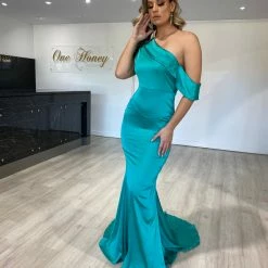 Honey Couture MEL Teal Green One Shoulder Frilly Satin Mermaid Gown