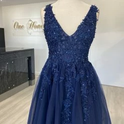 Honey Couture Made To Your Measurements NEW ARRIVALS Honey Couture TIHANA Deep V Front Beaded Tulle Skirt Formal Dress