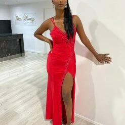 Honey Couture ORINA Red Diamante V Front Leg Split Formal Dress