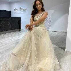 NEW ARRIVALS Honey Couture MADDIE Champagne Tulle Lace Bodice Formal Dress