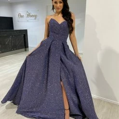 NEW ARRIVALS Honey Couture POLLY Midnight Blue Glitter Shimmer Strapless Ballgown Formal Dress