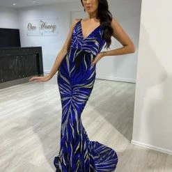 NEW ARRIVALS Honey Couture HADIES Black Blue Multicolour Open Back Mermaid Formal Dress