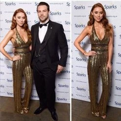 Honey Couture ANICE Black Gold Sequin Halter Jumpsuit