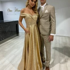 Honey Couture DORA Gold Metallic Shimmer Off Shoulder Formal Gown NEW ARRIVALS