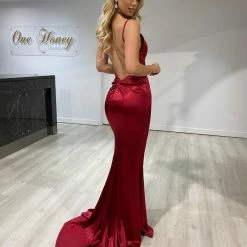 Honey Couture SAMARA Burgundy Knot Feature Low Back Silky Mermaid Formal Gown