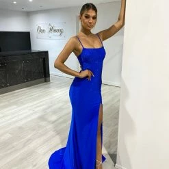 Honey Couture ELANA Royal Blue Diamante Bustier Lace Up Formal Dress NEW ARRIVALS