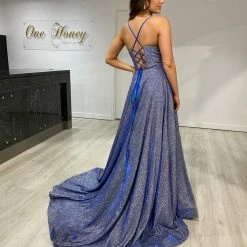 Honey Couture Made To Your Measurements NEW ARRIVALS Honey Couture TAHLIA W DANIELLA Back Glitter Fabric Lace Up Back Formal Dress