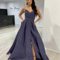 NEW ARRIVALS Honey Couture POLLY Midnight Blue Glitter Shimmer Strapless Ballgown Formal Dress