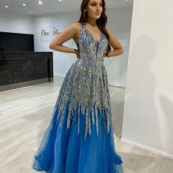 Honey Couture VIANNE Peacock Blue Glitter Tulle Formal Dress NEW ARRIVALS