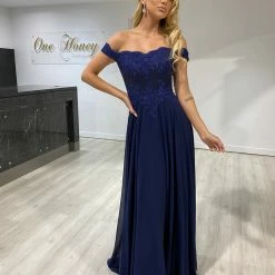 NEW ARRIVALS Honey Couture CARMEN Navy Blue Lace Applique Chiffon Bridesmaid Formal Dress
