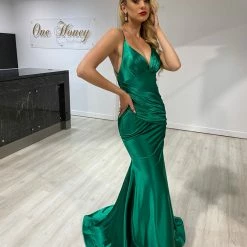 Honey Couture COCO Emerald Green Low Back Bum Ruching Mermaid Formal Dress