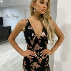 Honey Couture JUKI Black & Rose Gold Sequin V Front Formal Dress NEW ARRIVALS