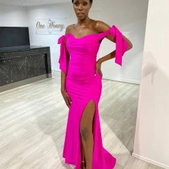 NEW ARRIVALS Honey Couture BELLE Fuchsia Hot Pink Off Shoulder Mermaid Formal Dress