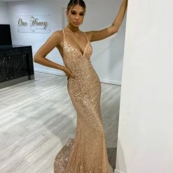 NEW ARRIVALS Honey Couture DEVINA Gold Sequin Corset Lace Up Formal Dress