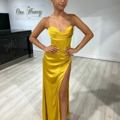 Honey Couture ZENDAYA Marigold Yellow Satin Corset Bustier Leg Split Formal Dress