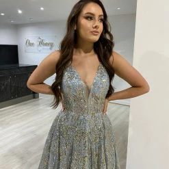 NEW ARRIVALS Honey Couture VIANNE Light Baby Blue Glitter Tulle Formal Dress