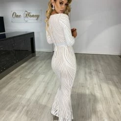 Honey Couture NADA White & Nude Long Sleeve Formal Dress NEW ARRIVALS