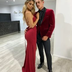 Honey Couture CRISTELLA Red Crystal Feature Mermaid Formal Gown