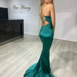 Honey Couture JUSTICE Emerald Green Open Back Mermaid Evening Gown Dress