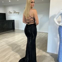 Honey Couture MEXX Black Glitter Shimmer Lace Back Bum Ruching Formal Dress