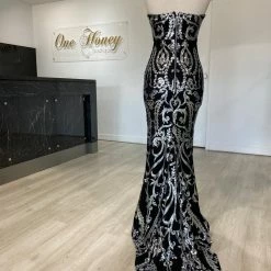 NEW ARRIVALS Honey Couture LA ROSA Silver Strapless Sequin Evening Gown Dress